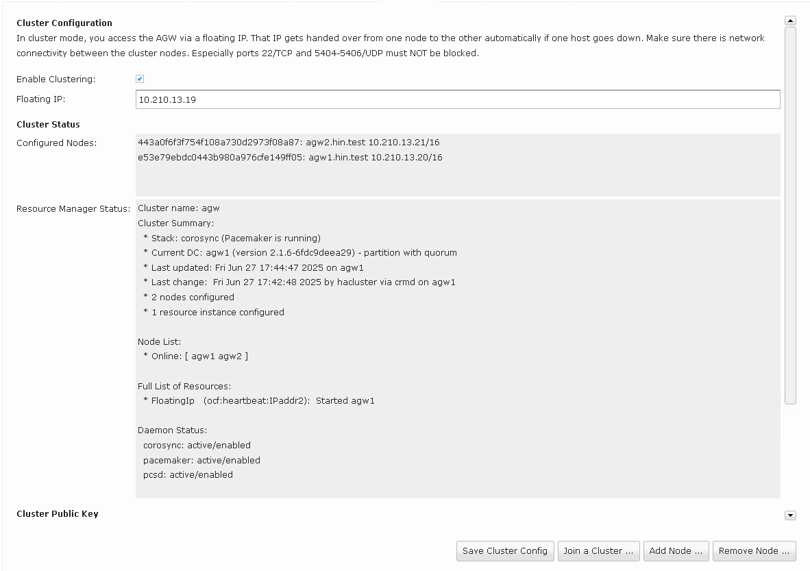 Vue d'ensemble du cluster avec deux appareils (en ligne: agw1 agw2)