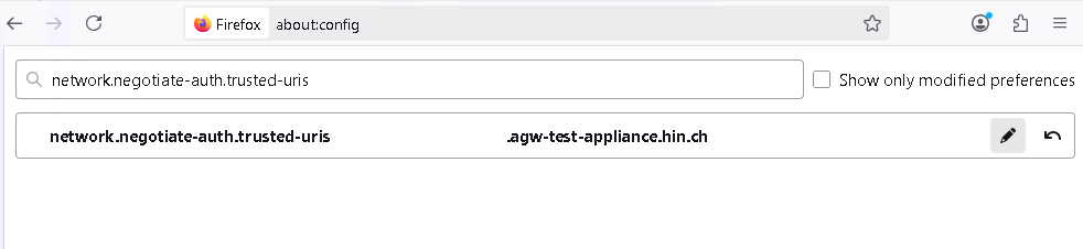La valeur recherchée s'appelle network.negotiate-auth.trusted-uris