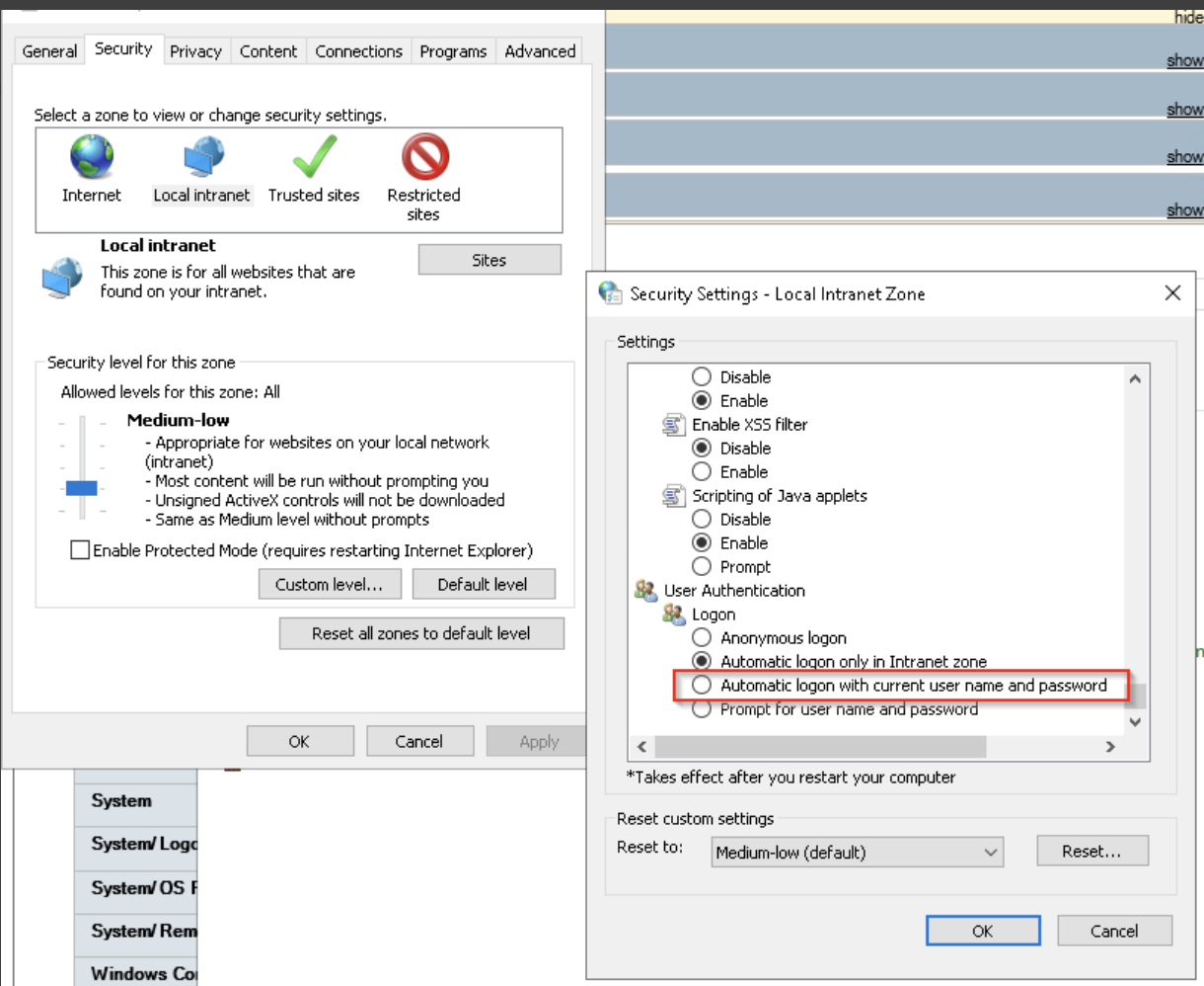 Options Internet > Sécurité > Intranet local